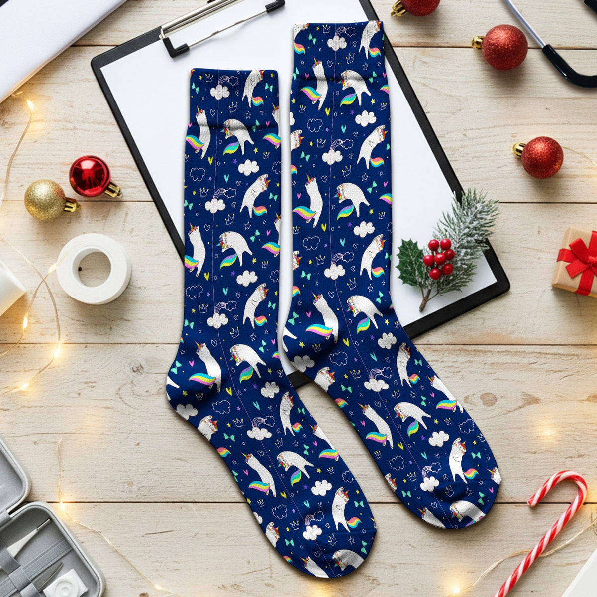 Unicorn Cat Rainbow Tail Clouds Nurse Socks