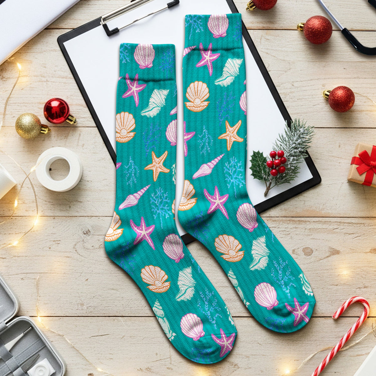 Colorful Seashell Starfish Ocean Stripe Nurse Socks