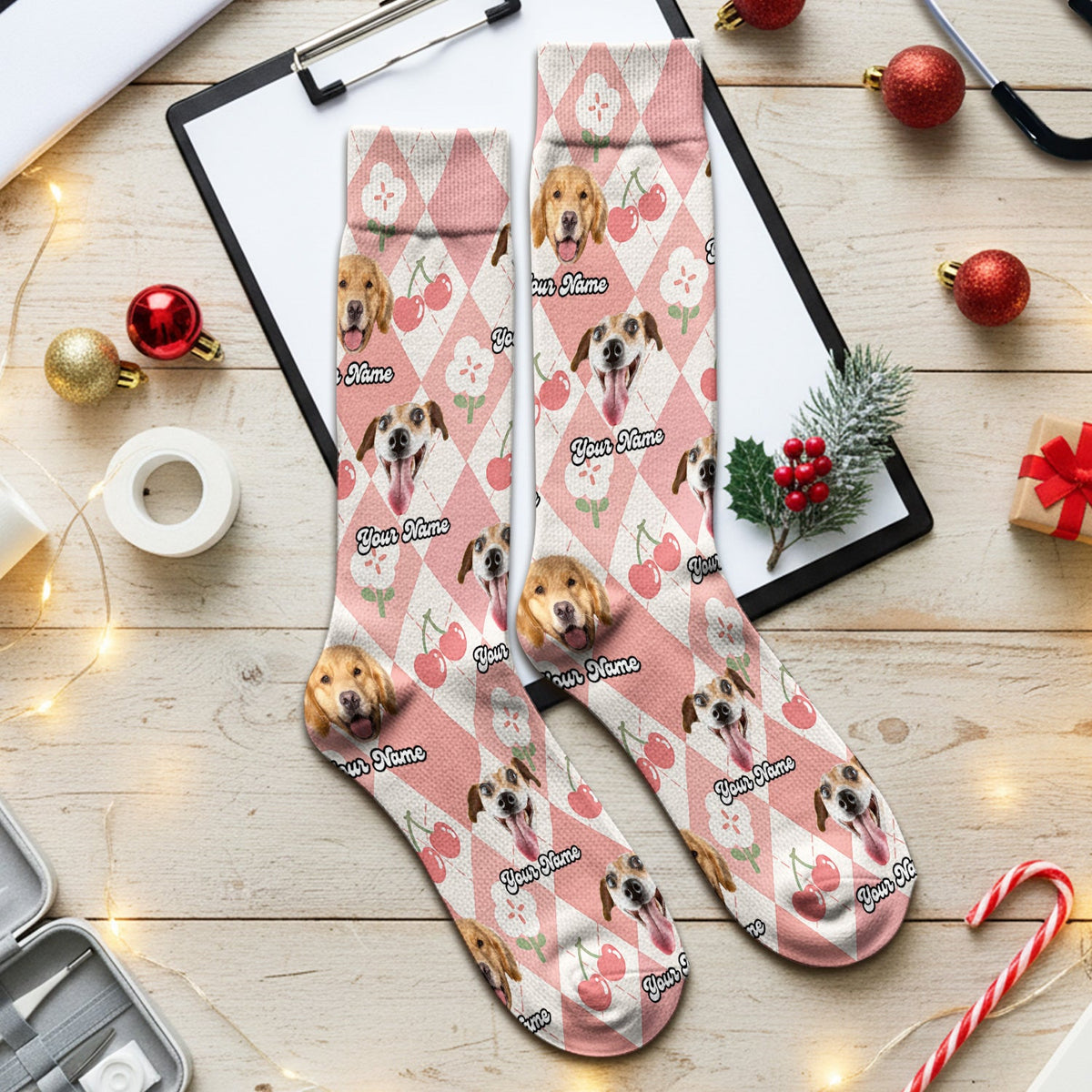 Dog Face Cherry Argyle Nurse Socks