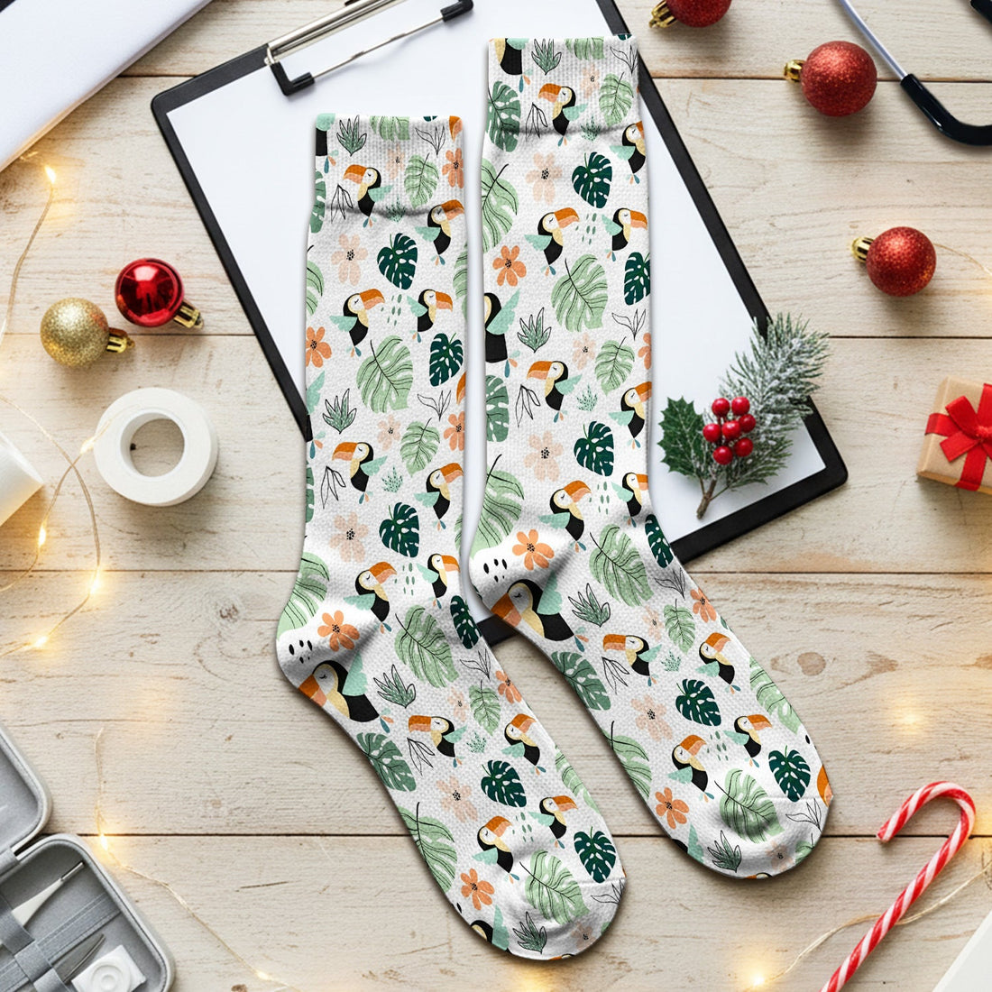 Tropical Toucan Leaf Floral Nurse Socks