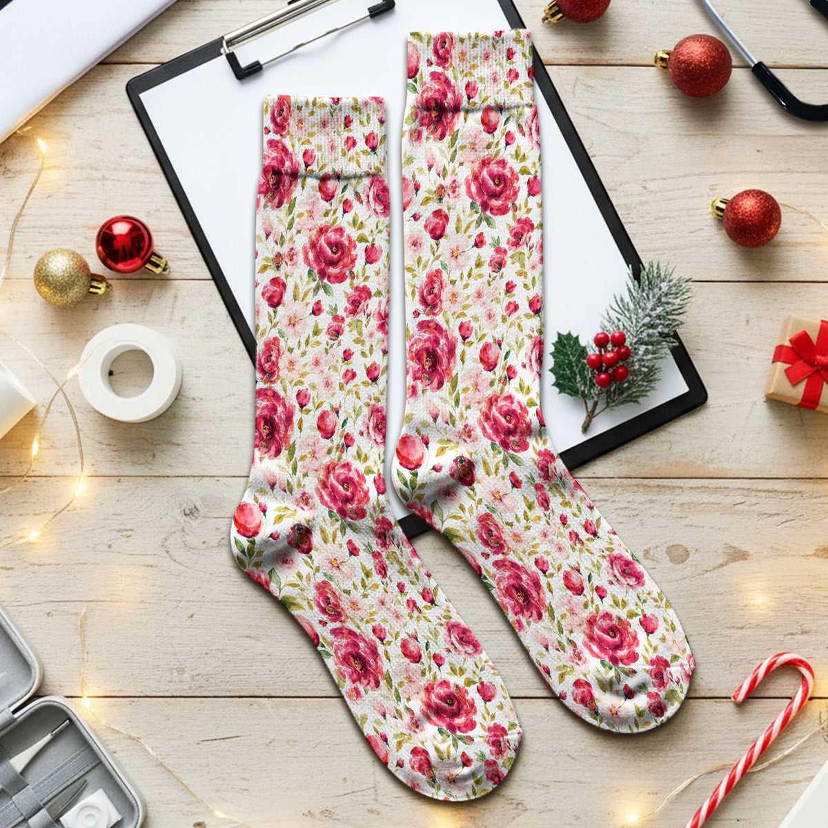 Pink Rose Ladybug Garden Nurse Socks