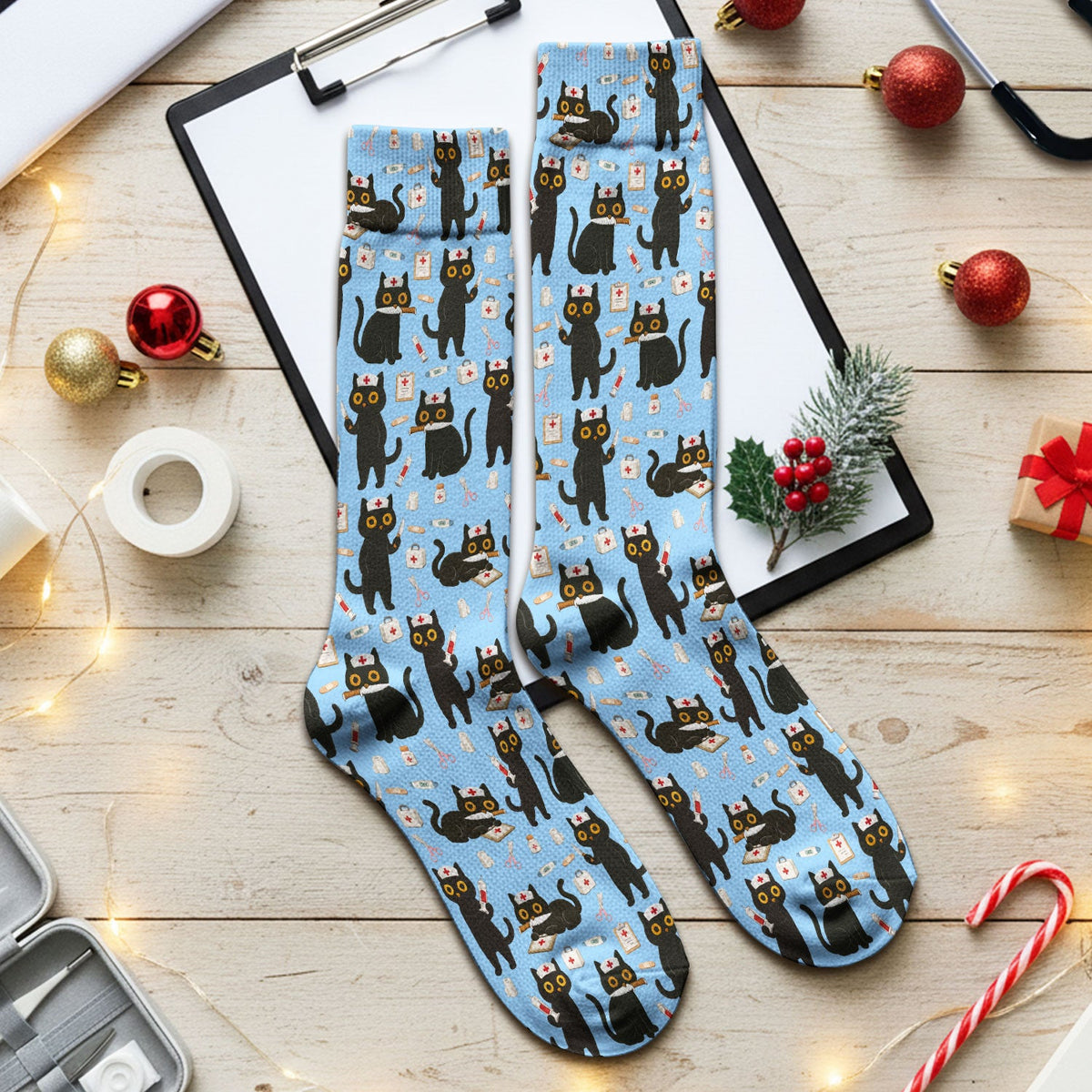 Cute Teal Black Cat Nurse Socks