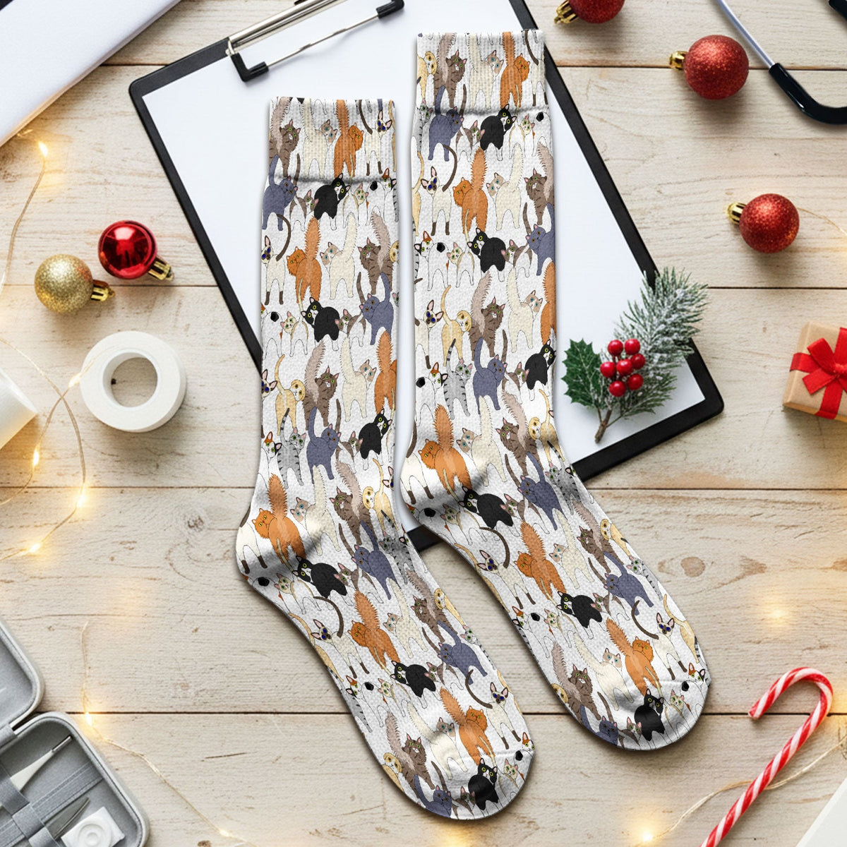 Whimsical Multicolor Cat Cartoon Nurse Socks