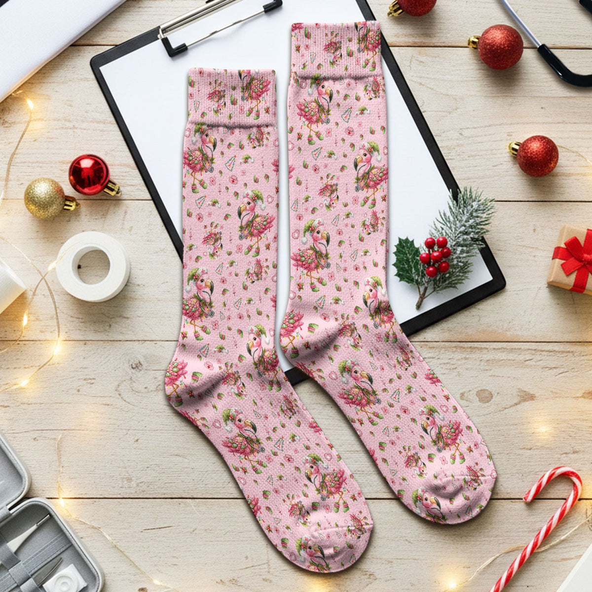 Pink Flamingo Christmas Nurse Socks