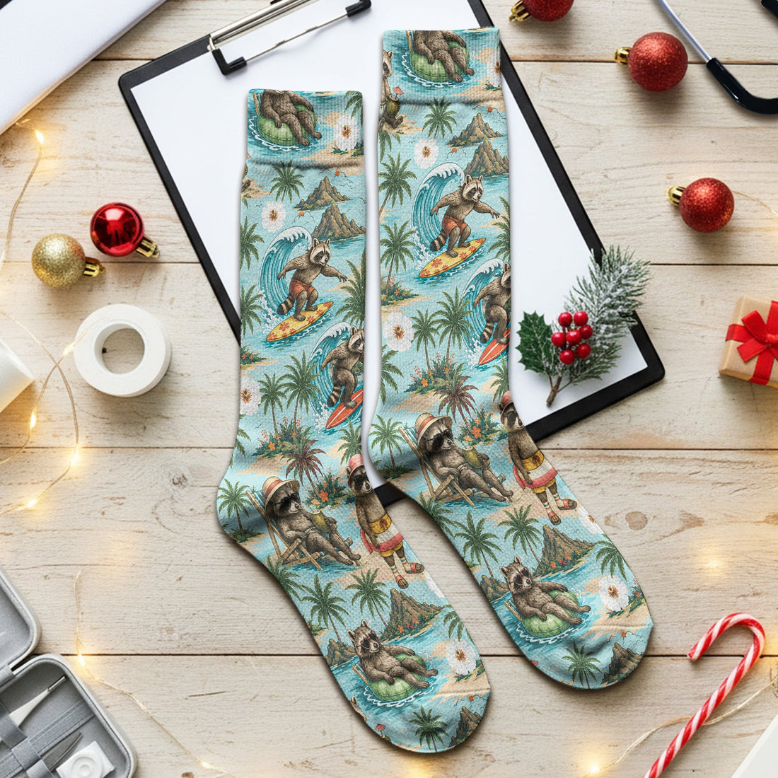 Tropical Raccoon Surfing Island Beach Nurse Socks