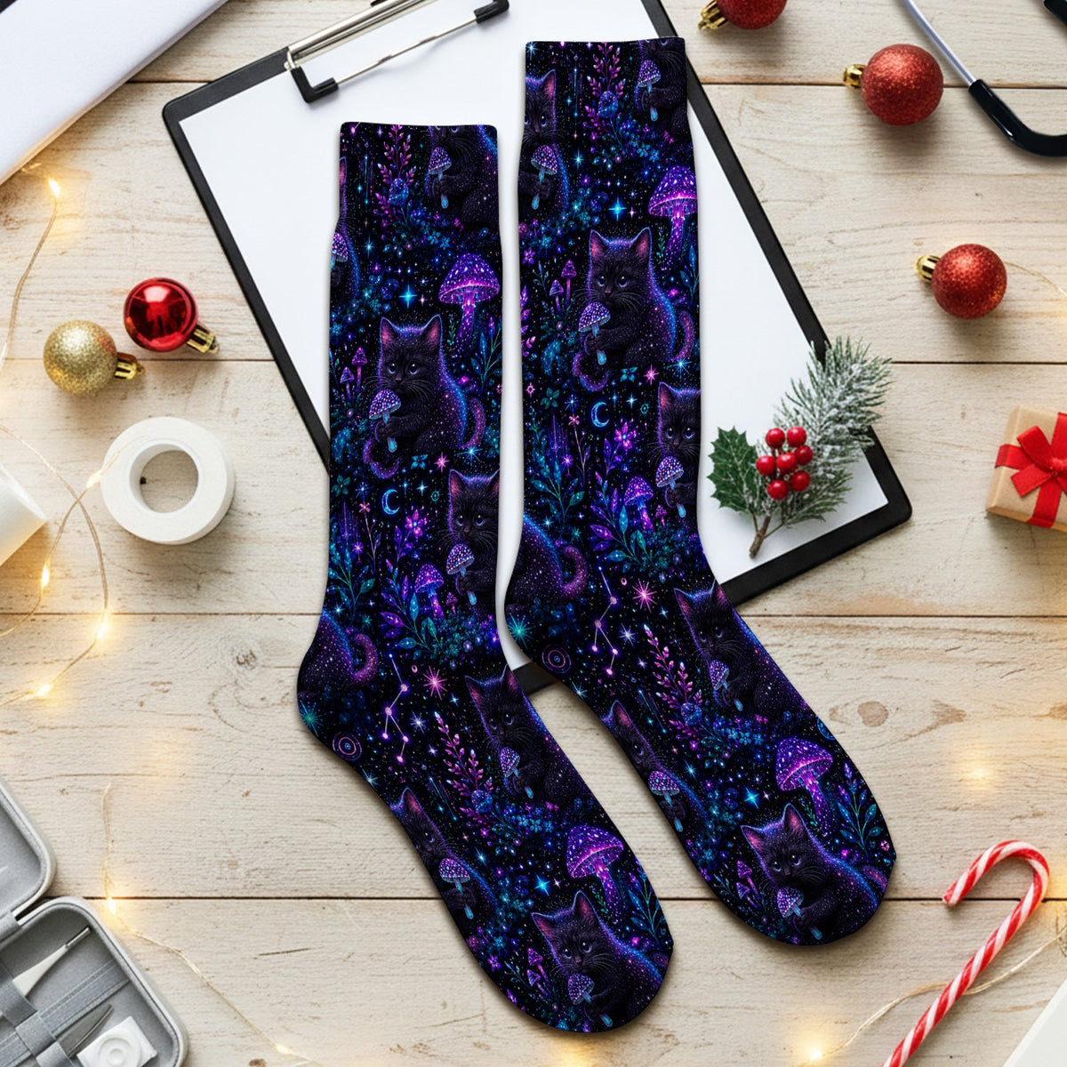 Neon Black Cat Mushroom Galaxy Nurse Socks