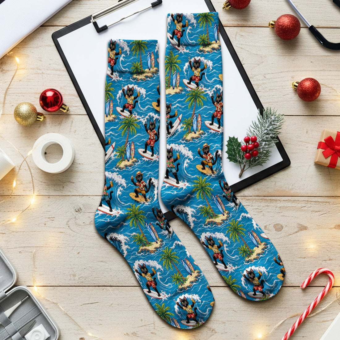 Tropical Black Cat Surfer Island Nurse Socks