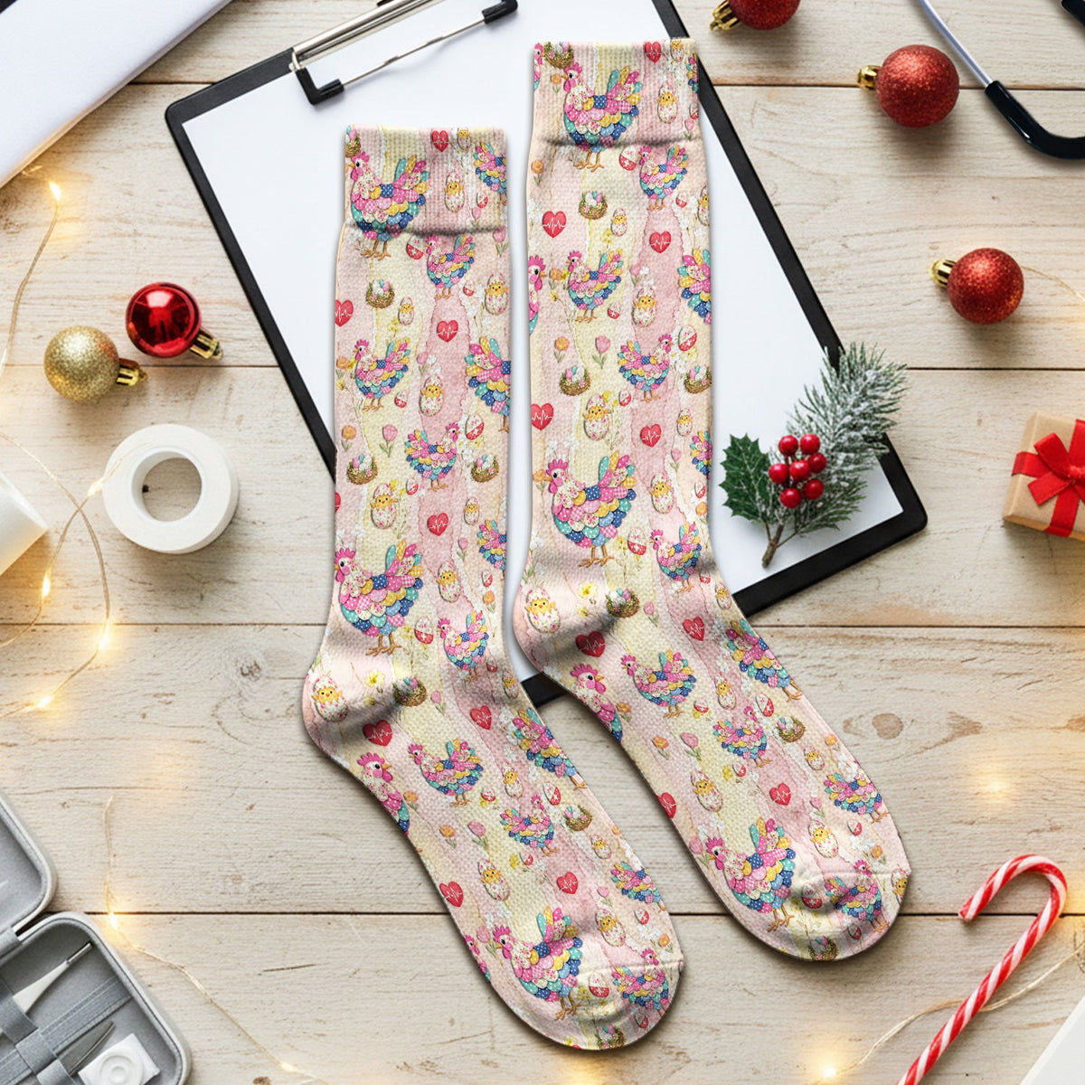 Colorful Chicken Easter Eggs Heart Nurse Socks