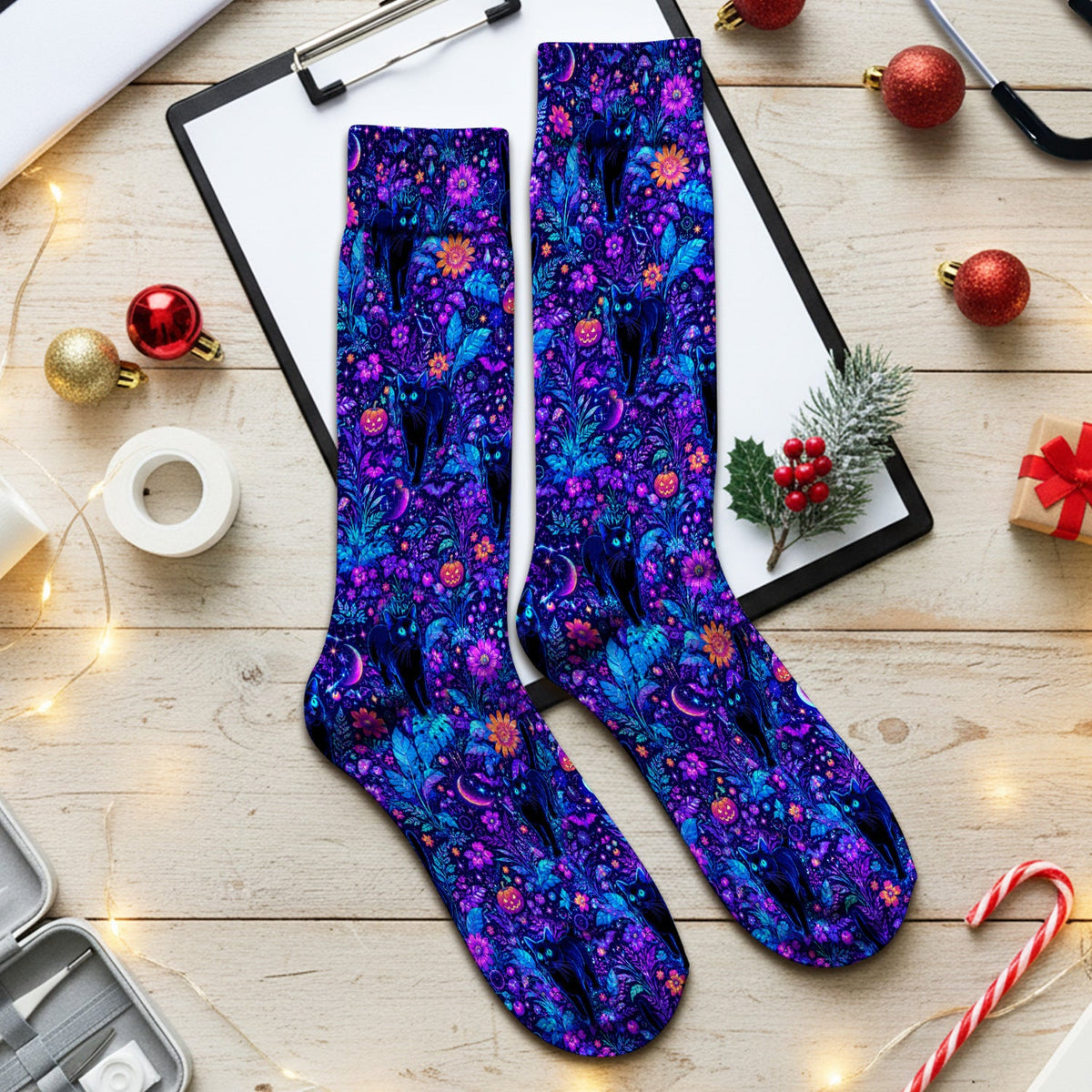 Black Cat Floral Nurse Socks - Halloween Gift