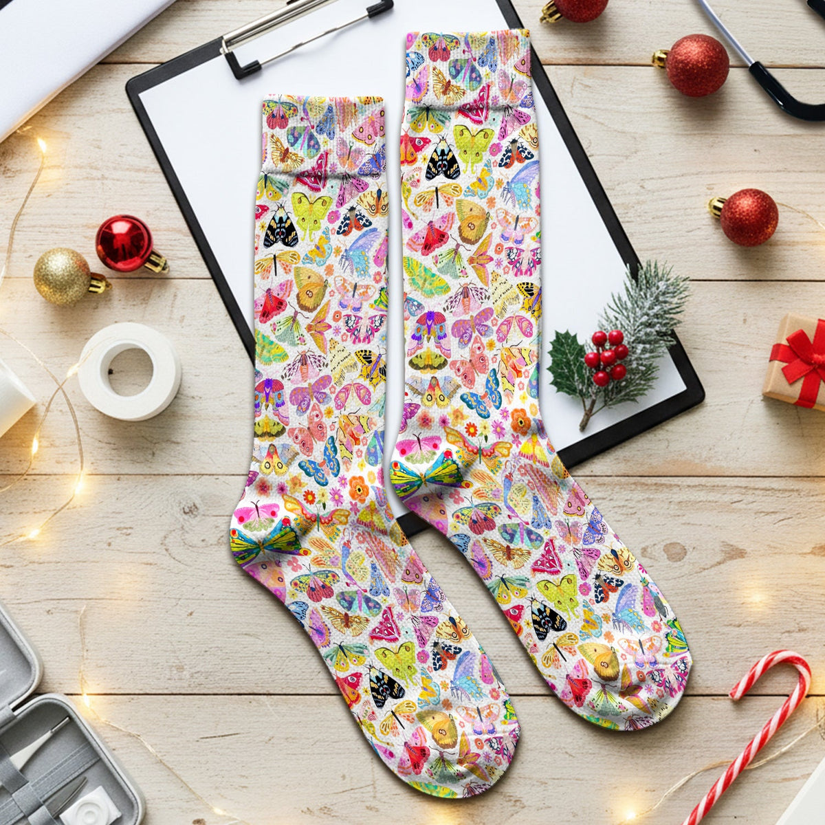 Cute Bright Butterfly Moth Floral Nurse Socks