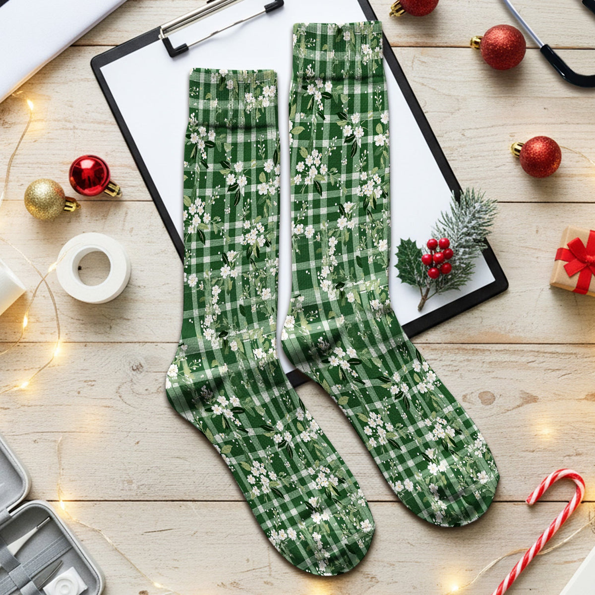 Green Gingham Floral Nurse Socks