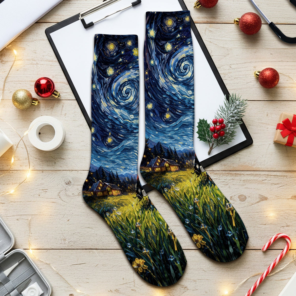 Swirl Night Sky Ladybug Landscape Nurse Socks