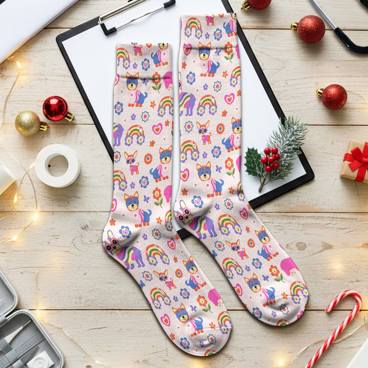 Colorful Cartoon Dogs Rainbow Flowers Nurse Socks