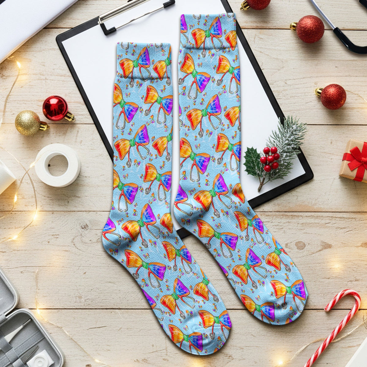 Colorful Rainbow Bow Stethoscope Nurse Socks