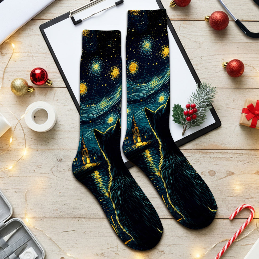 Starry Moonlit Black Cat Nurse Socks