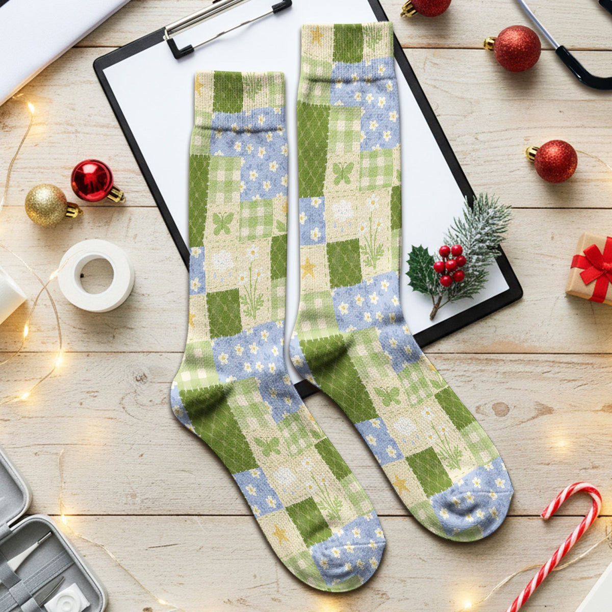 Green Patchwork Clover Floral Nurse Socks