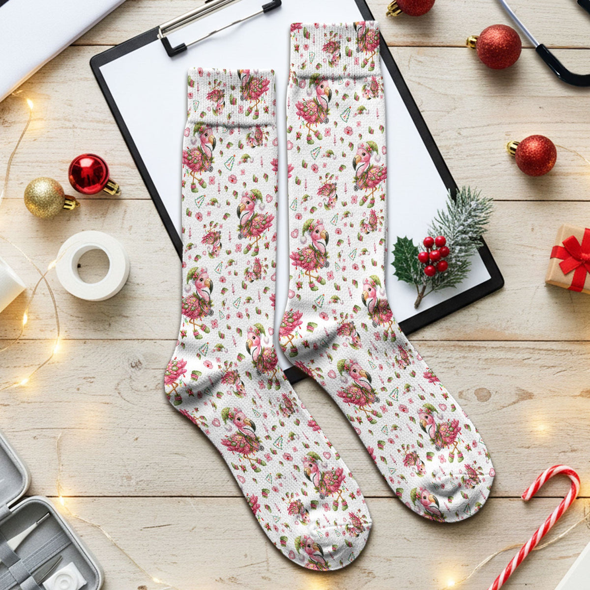 Pink Flamingo Christmas Nurse Socks
