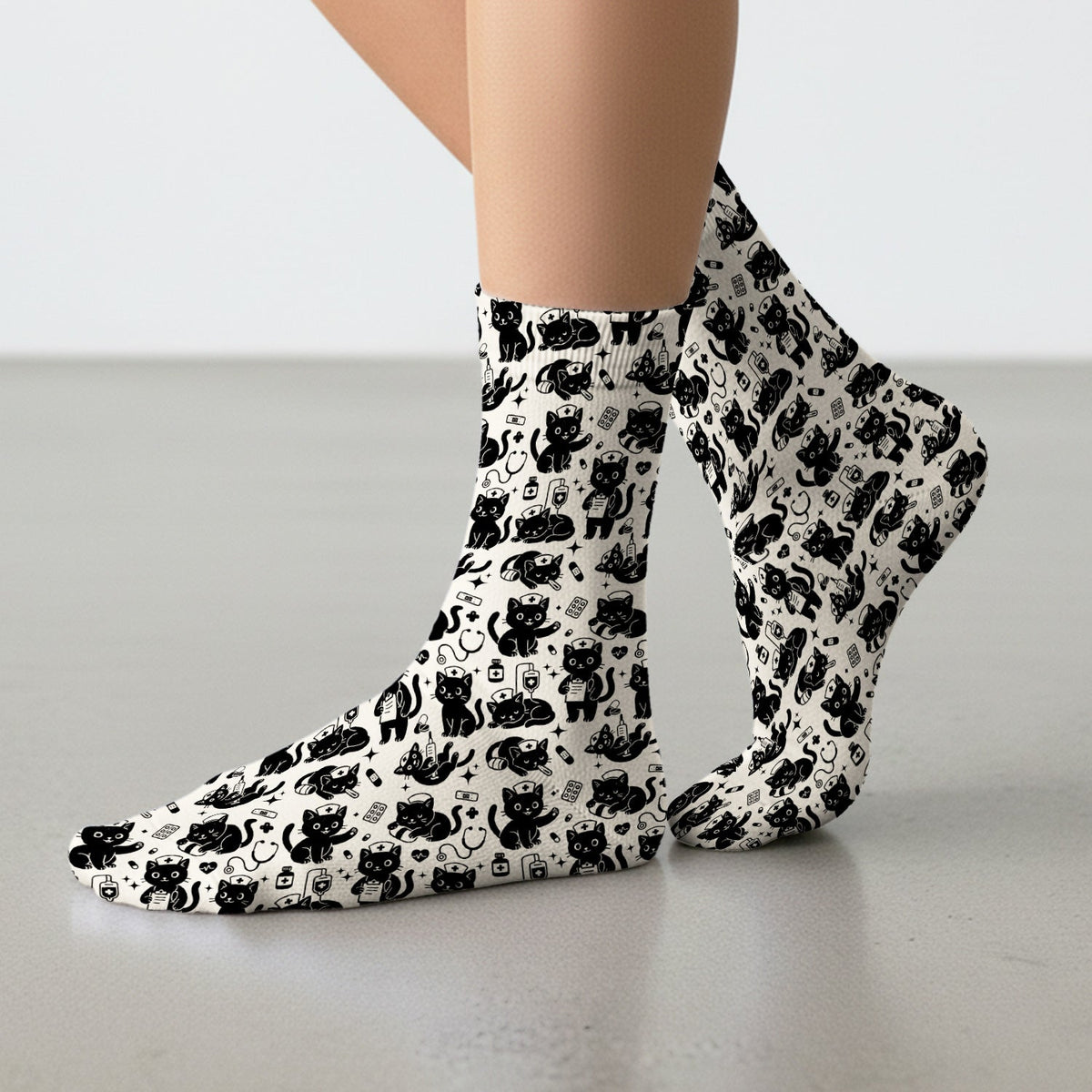 Cute White Black Cat Nurse Socks