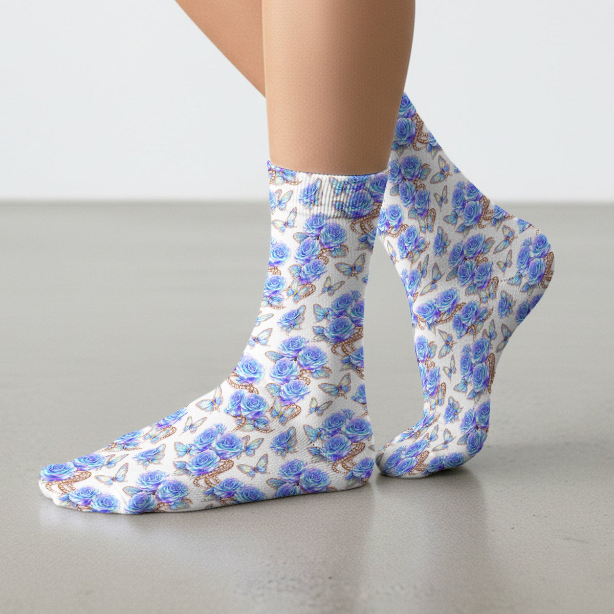 Blue Rose Butterfly Floral Nurse Socks