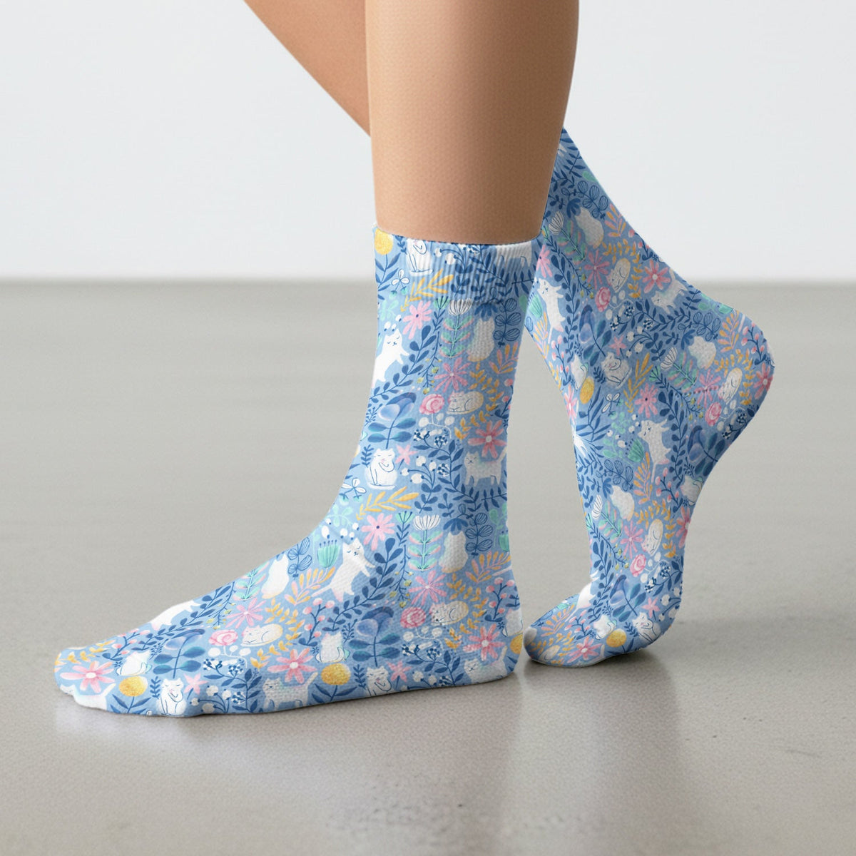 Whimsical Cat Floral Nurse Socks