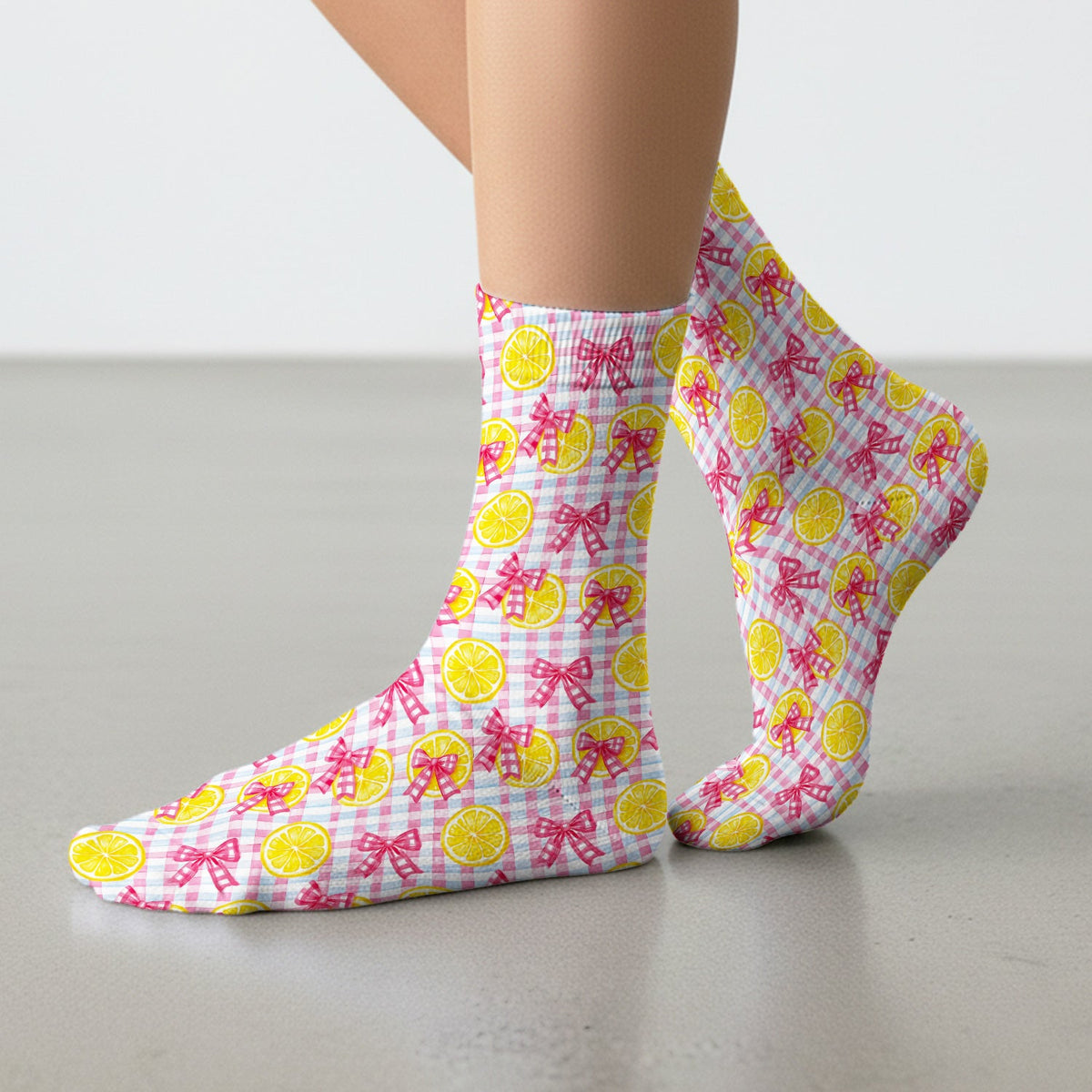 Lemon Slice Pink Bow Gingham Nurse Socks