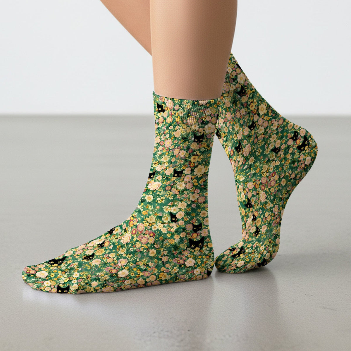 Cute Black Cat Floral Garden Nurse Socks