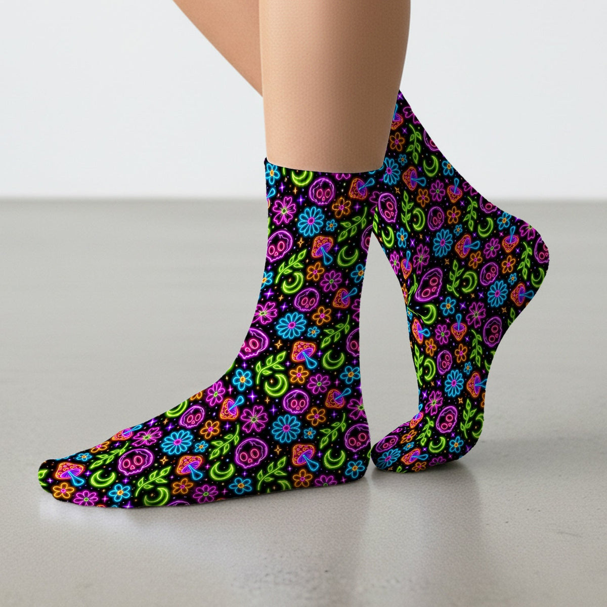 Neon Skull Mushroom Floral Nurse Socks