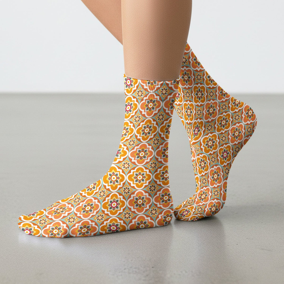 Orange Retro Geometric Floral Nurse Socks