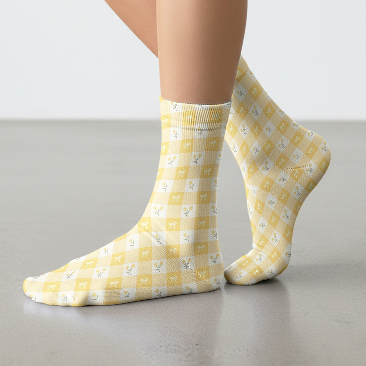Yellow Gingham Bow Floral Nurse Socks