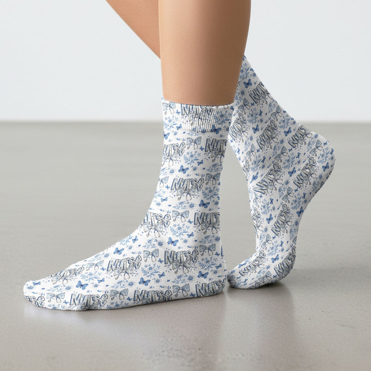 Blue Nurse Bow Butterfly Floral Socks