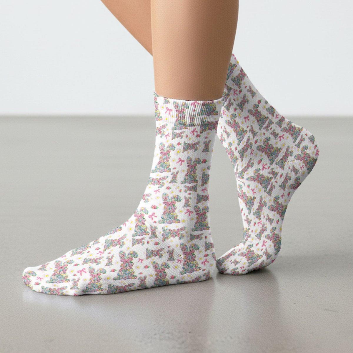 Colorful Floral Bunny Pink Bow Nurse Socks