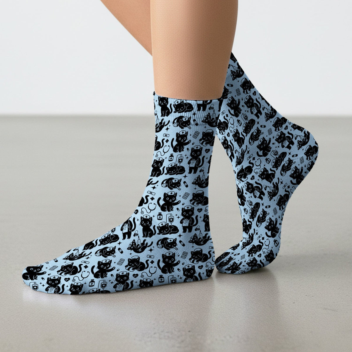 Cute White Black Cat Nurse Socks