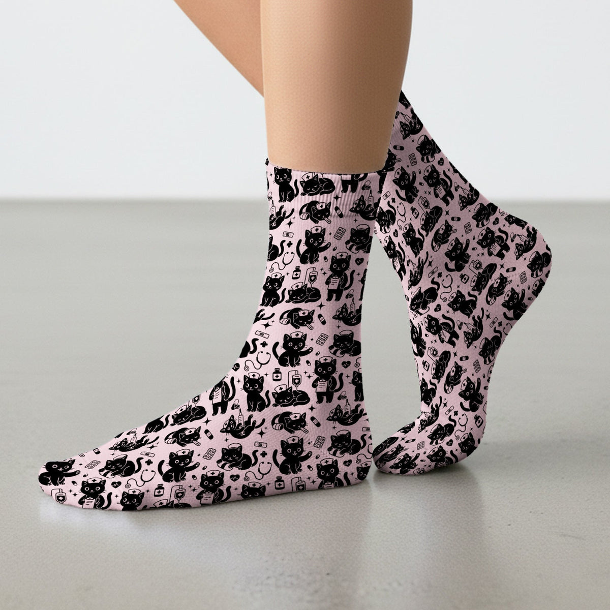 Cute White Black Cat Nurse Socks
