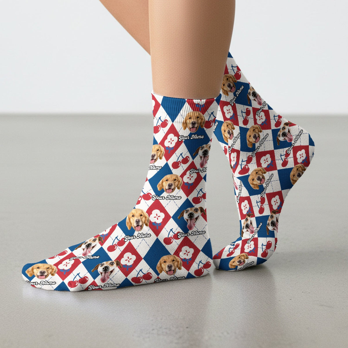 Dog Face Cherry Argyle Nurse Socks