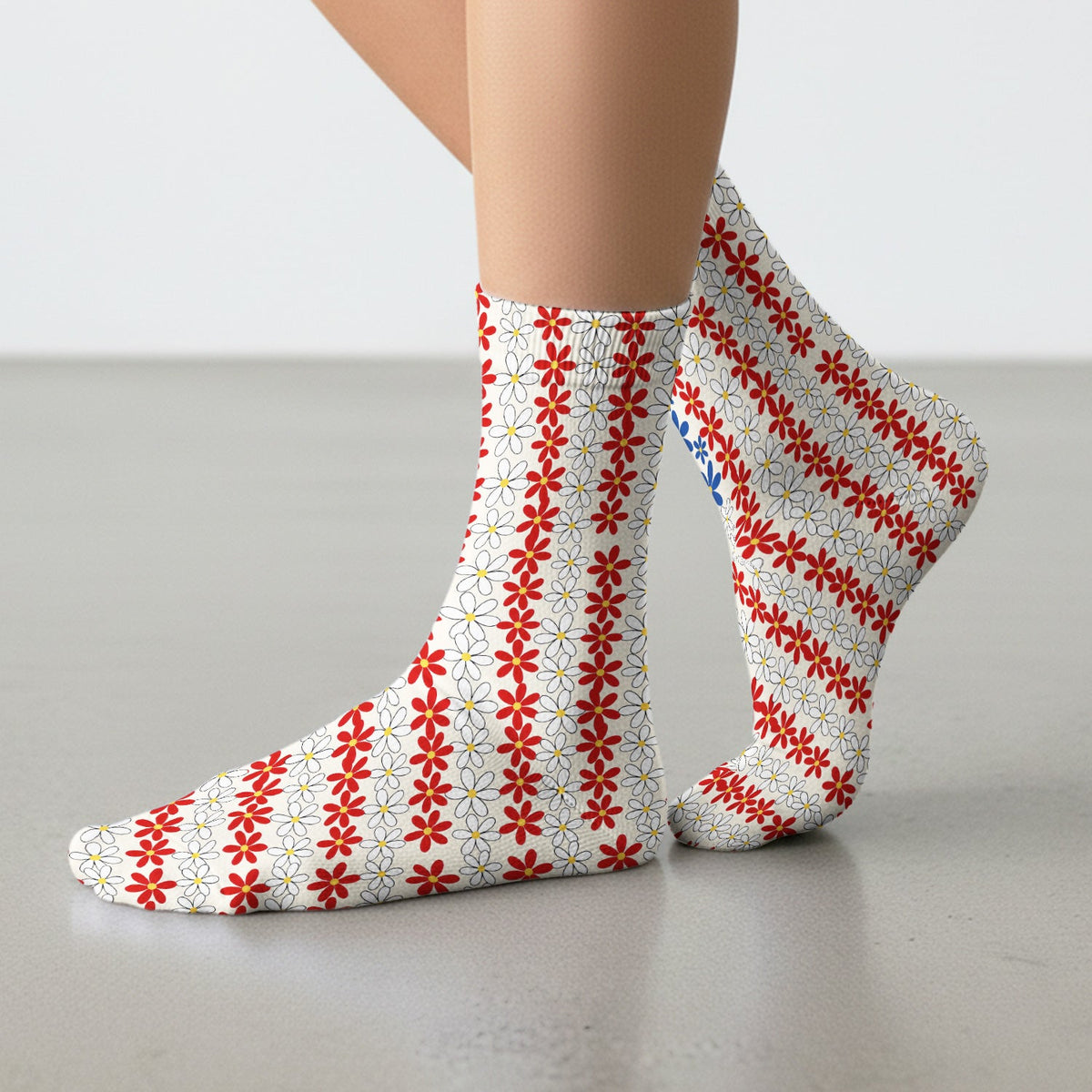 Retro Red Blue Daisy Nurse Socks