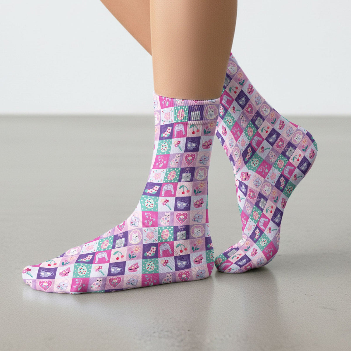Pastel Cat Patchwork Nurse Socks