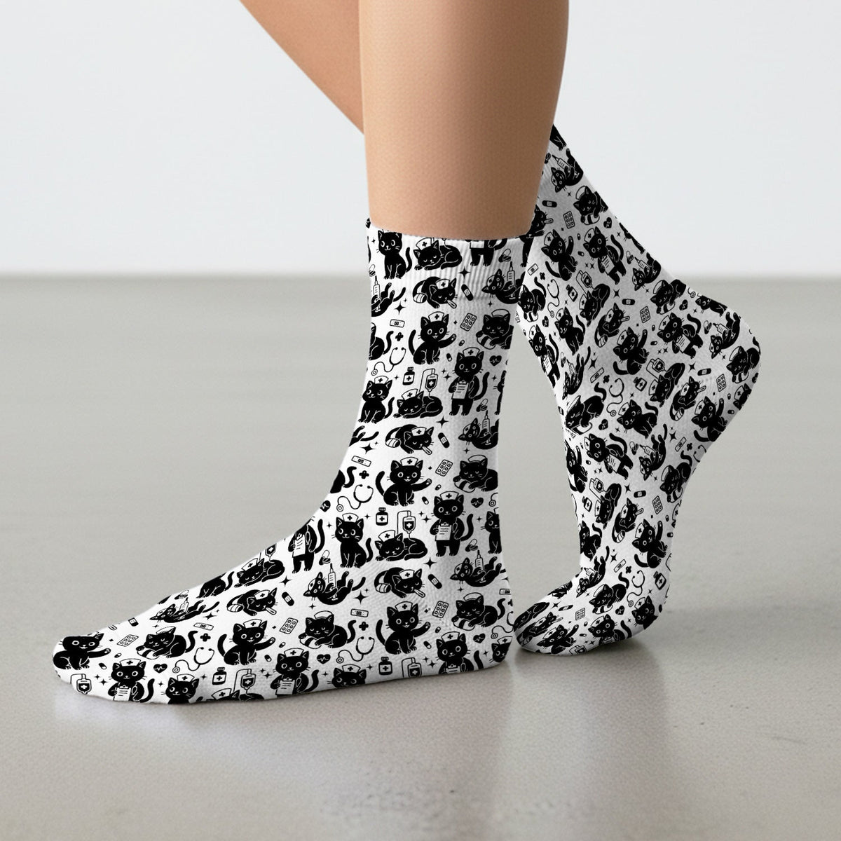 Cute White Black Cat Nurse Socks