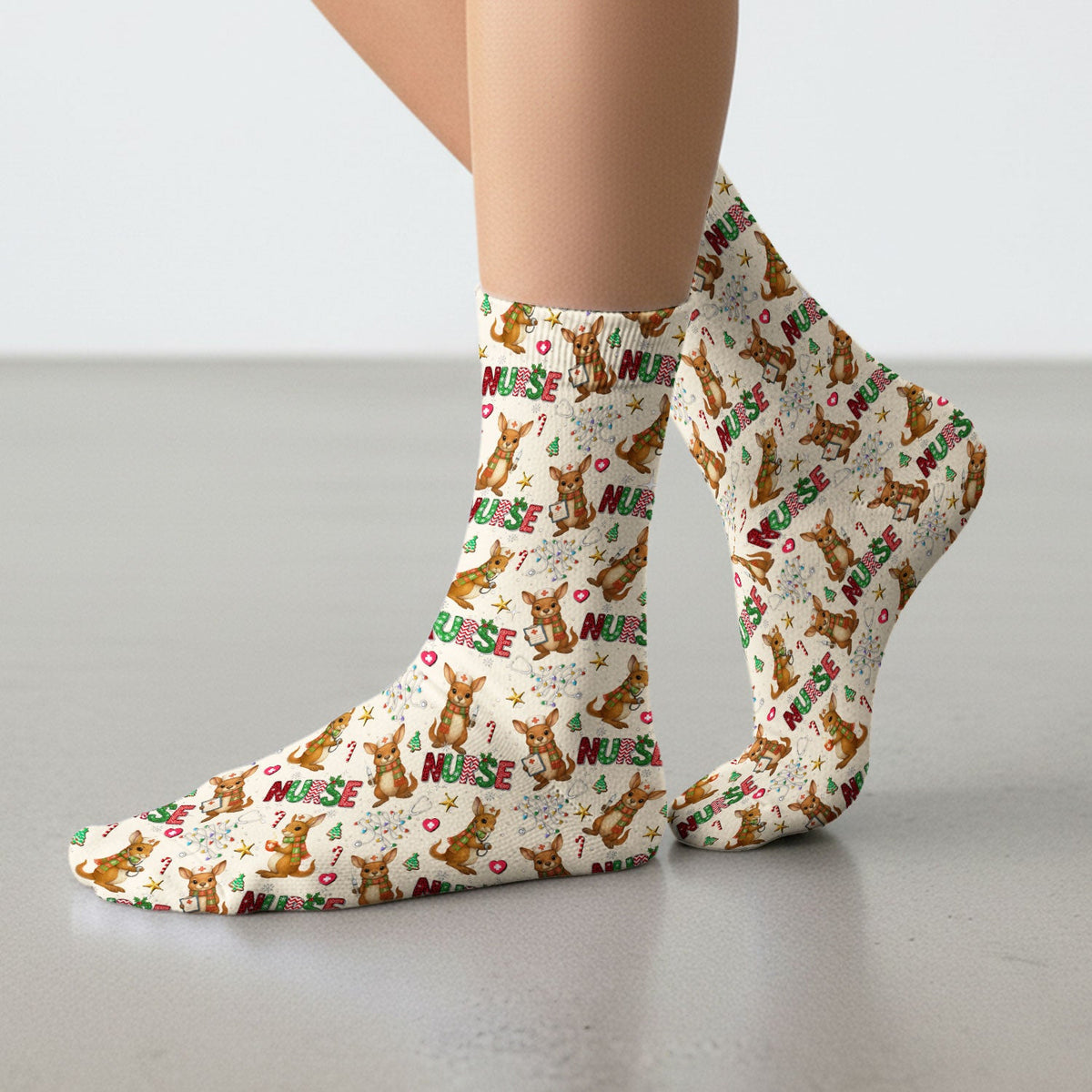 Aussie Kangaroo Christmas Socks for Nurse Doctor - Funny Holiday Adult Socks for Men and Women - Breathable Fabrics Medical Uniform
