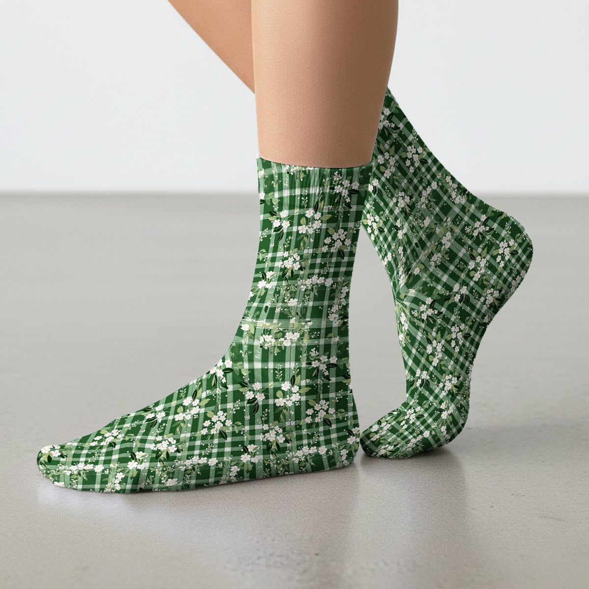 Green Gingham Floral Nurse Socks