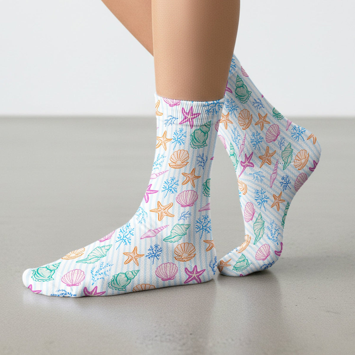 Colorful Seashell Starfish Ocean Stripe Nurse Socks