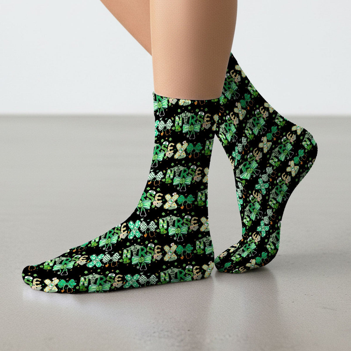 St Patrick Clover Green Bow Nurse Socks