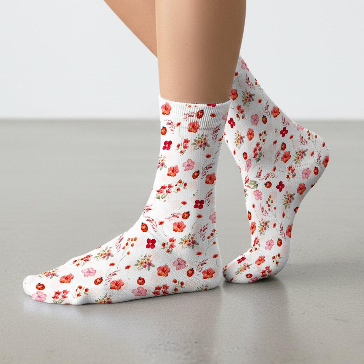 Red Ladybug Floral Garden Nurse Socks