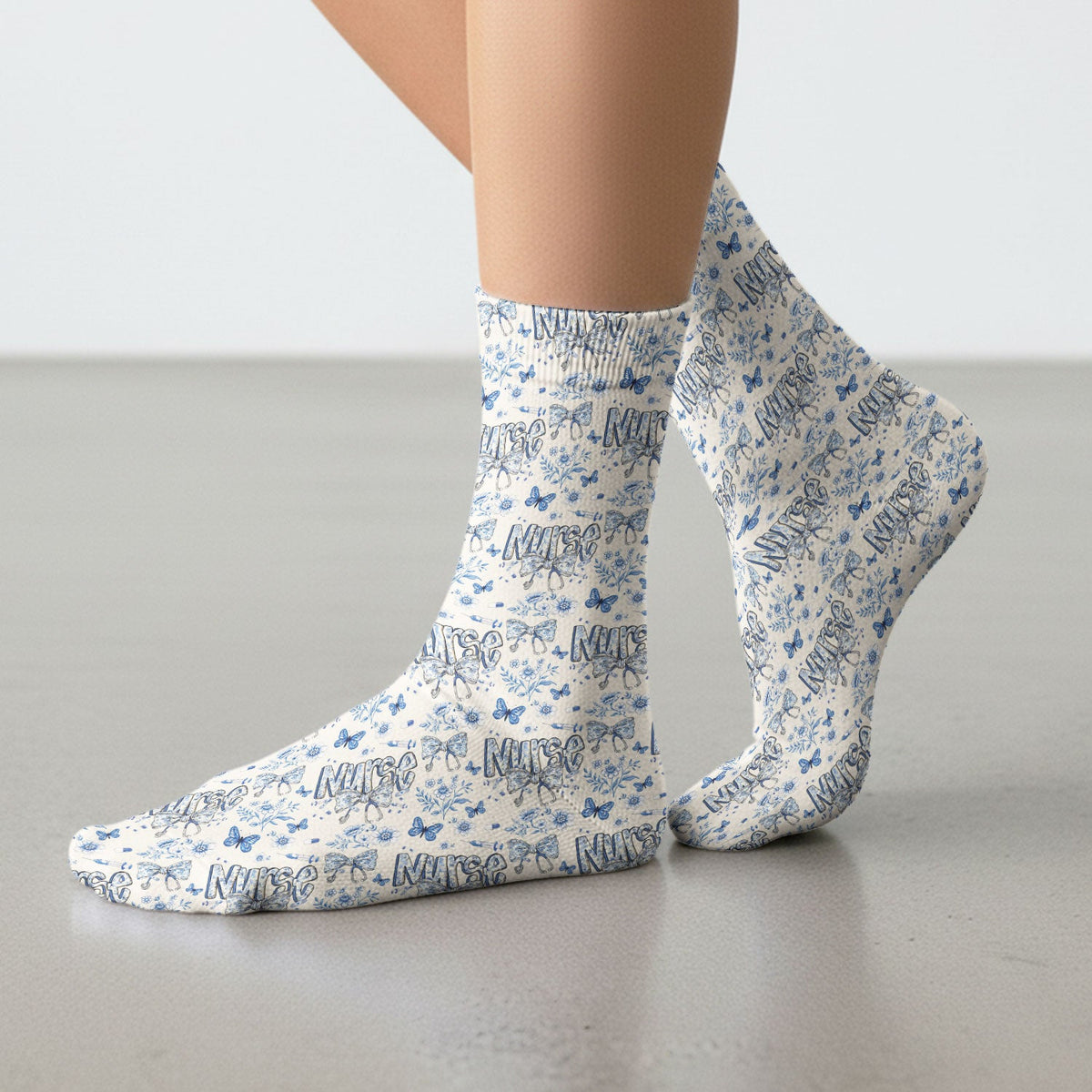 Blue Nurse Bow Butterfly Floral Socks