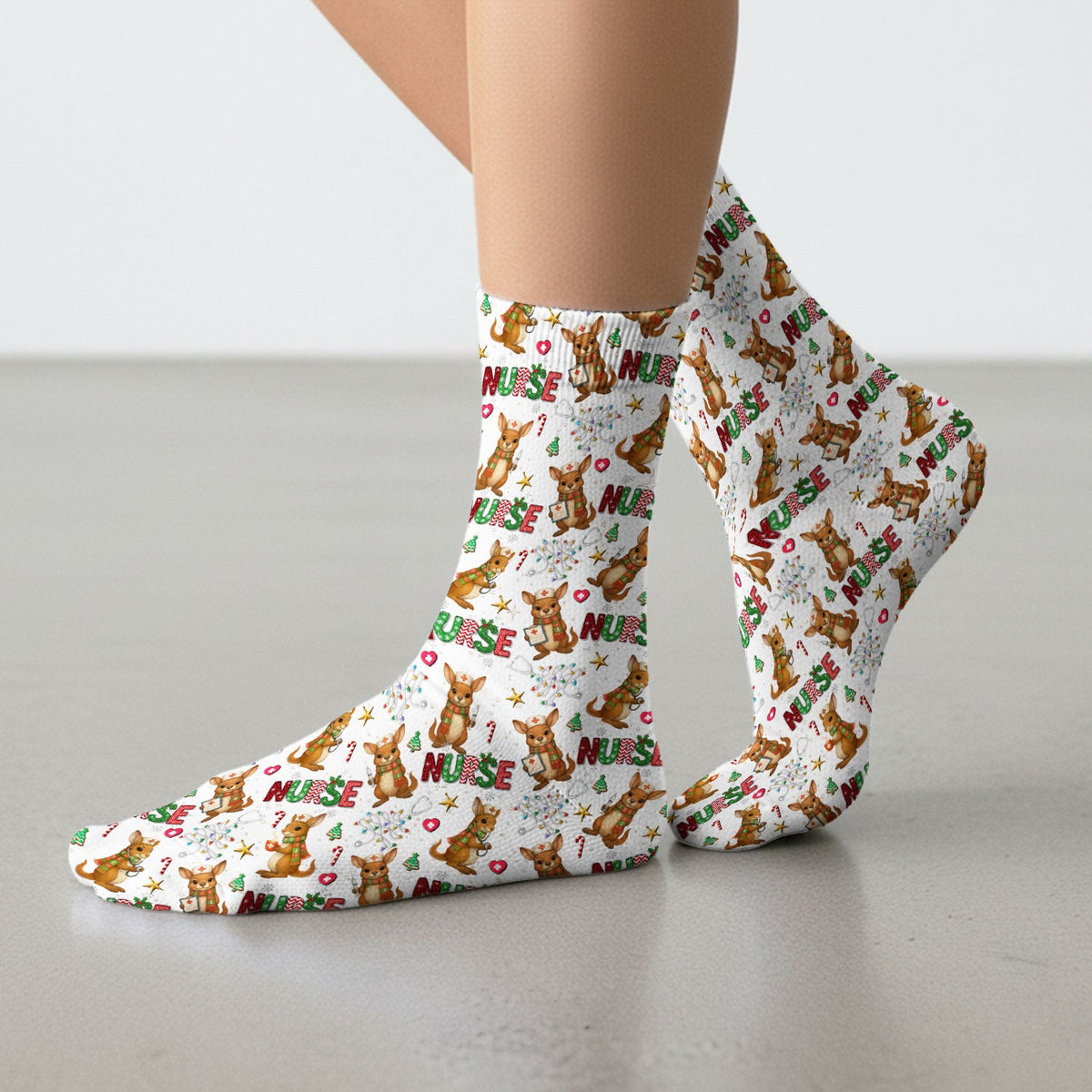Aussie Kangaroo Christmas Socks for Nurse Doctor - Funny Holiday Adult Socks for Men and Women - Breathable Fabrics Medical Uniform