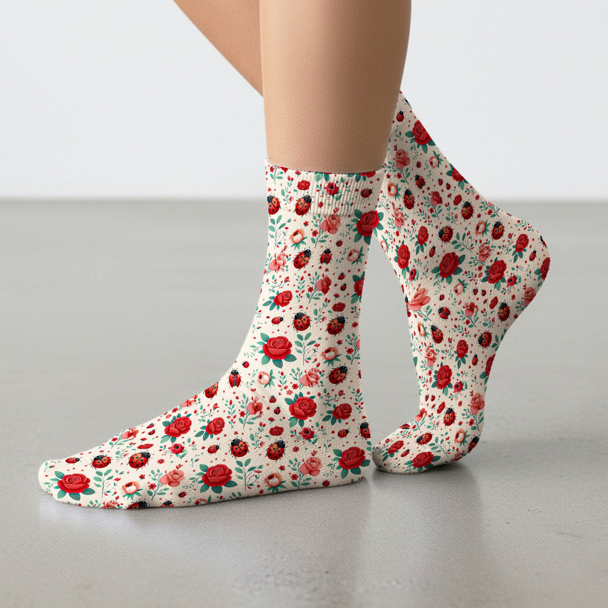 Ladybug Red Rose Floral Nurse Socks