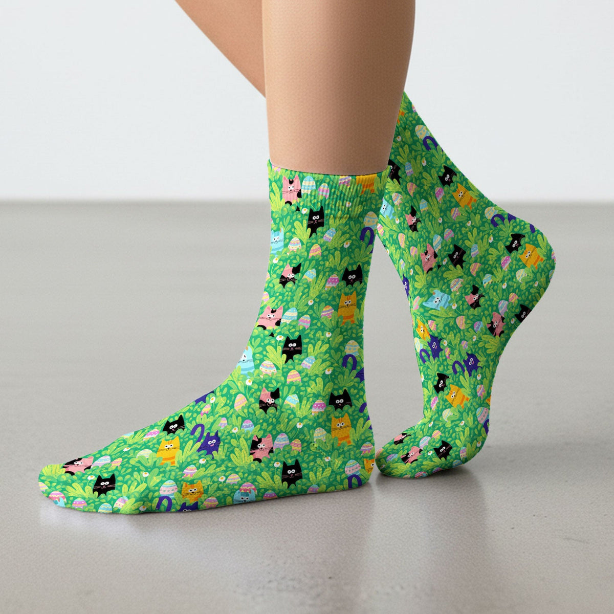 Colorful Easter Cats Green Leaves Nurse Socks