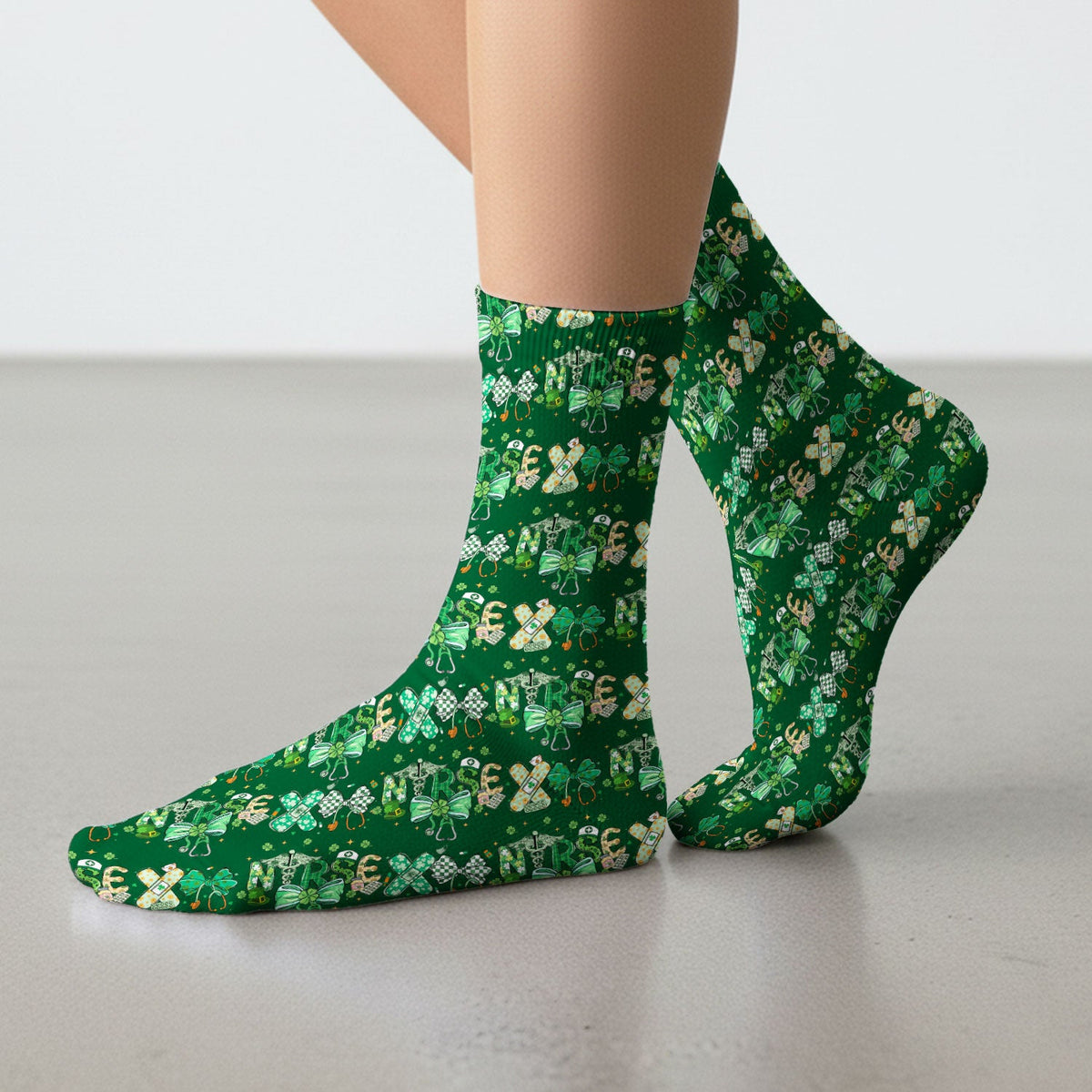 St Patrick Clover Green Bow Nurse Socks
