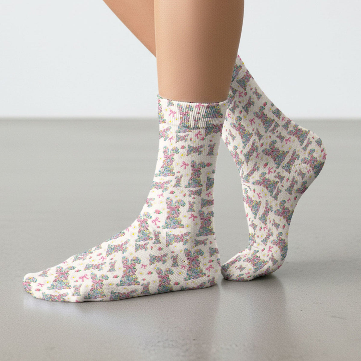 Colorful Floral Bunny Pink Bow Nurse Socks