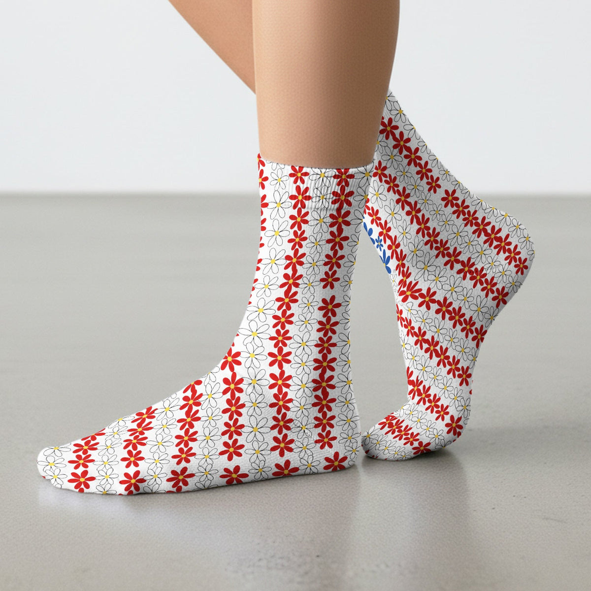 Retro Red Blue Daisy Nurse Socks