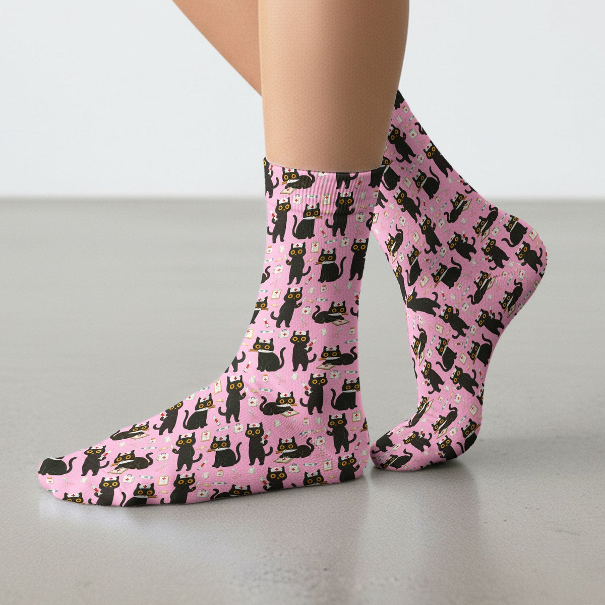 Cute Teal Black Cat Nurse Socks